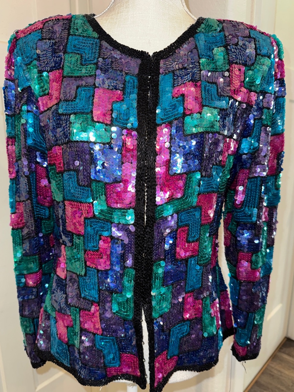 Vintage 80s Stenay Silk Sequin Beaded Jacket Geometric Mosaic Party Blazer SZ M